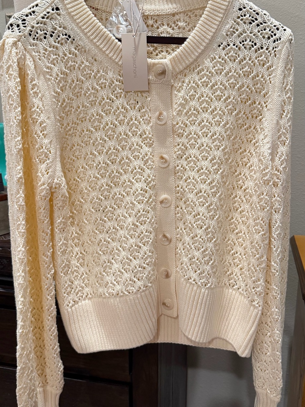 Magaschoni Cream Crochet Knit Button-Front Cardigan